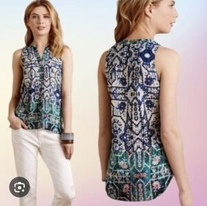 Anthropologie Vanessa Virginia Silk Aztec Print Sleeveless Henley Top, Size L